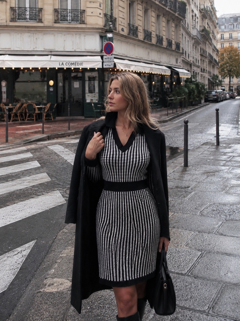 Dalia MacPhee Black & White Houndstooth polo V-neck Knit Sweater Dress Size M